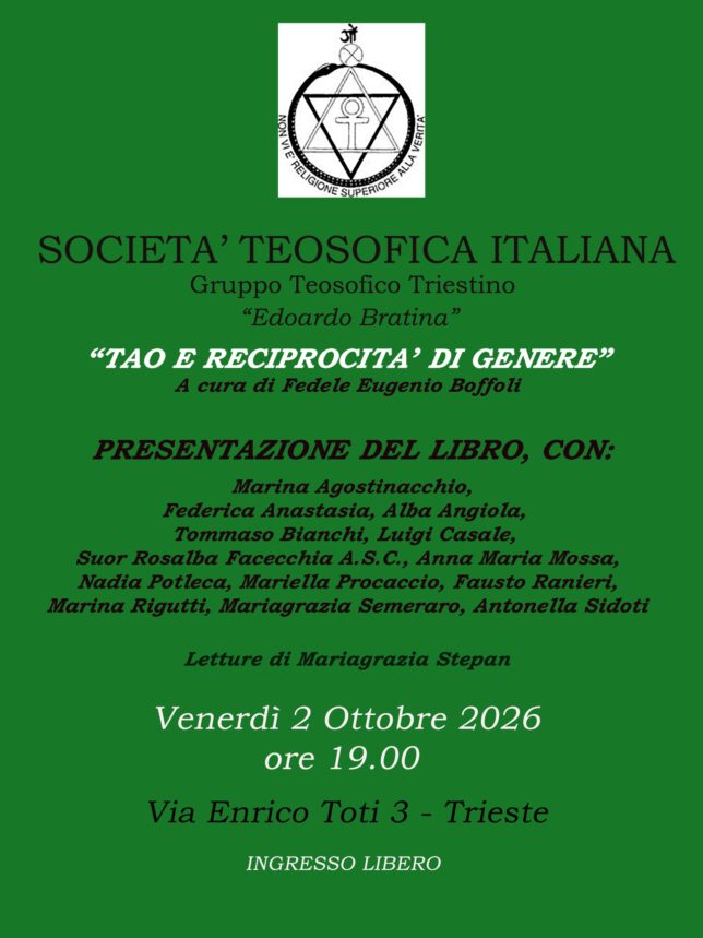 “TAO E RECIPROCITÀ DI GENERE” con FEDELE BOFFOLI @ Sede del Gruppo Teosofico Triestino a Trieste